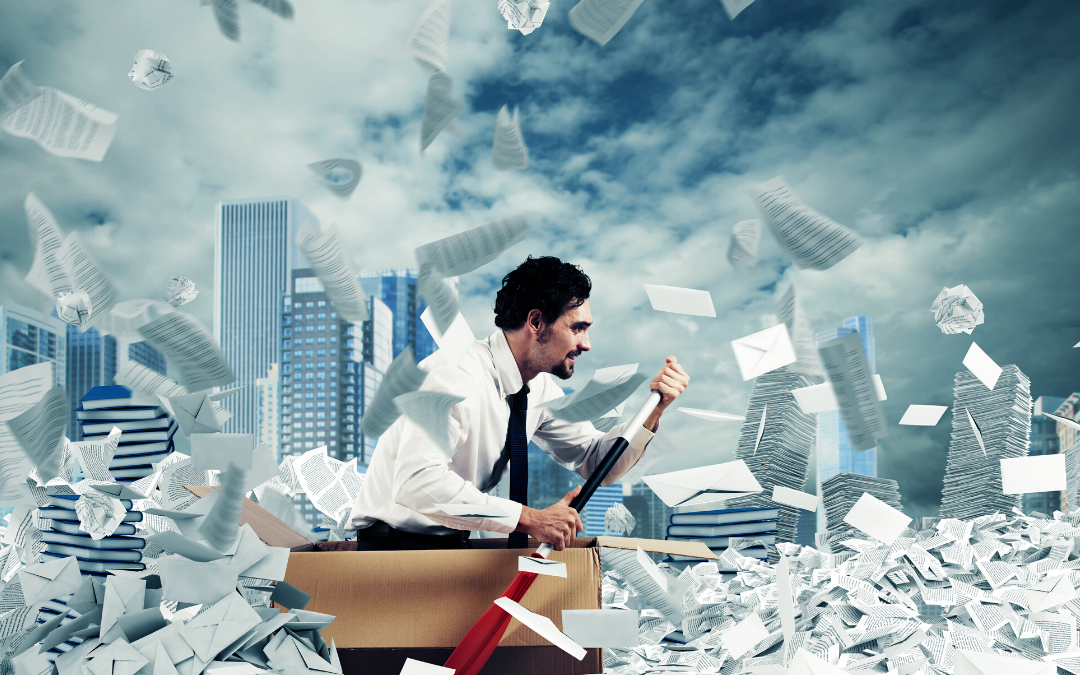 Man navigating difficult seas. of office mess